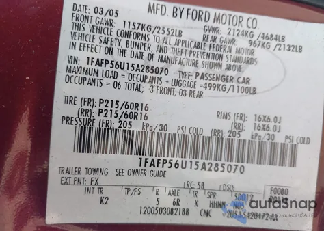 2005 Ford Taurus Sel z USA, uszkodzony, nr VIN 1FAFP56U15A285070